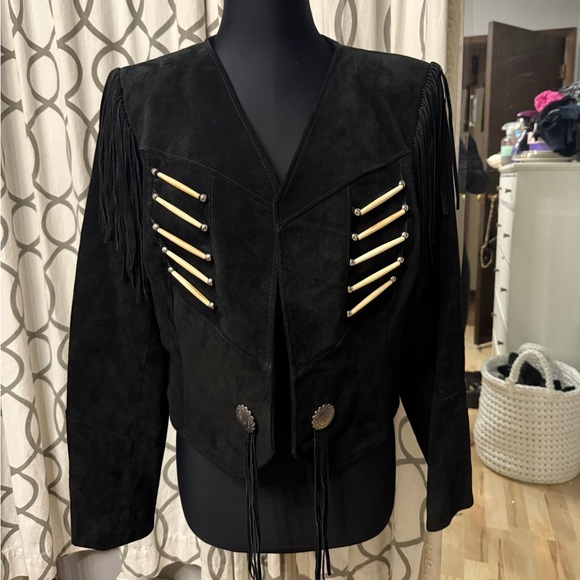 PIONEER Jackets & Blazers - Vintage 70s PIONEER Black Leather Jacket with Fringe